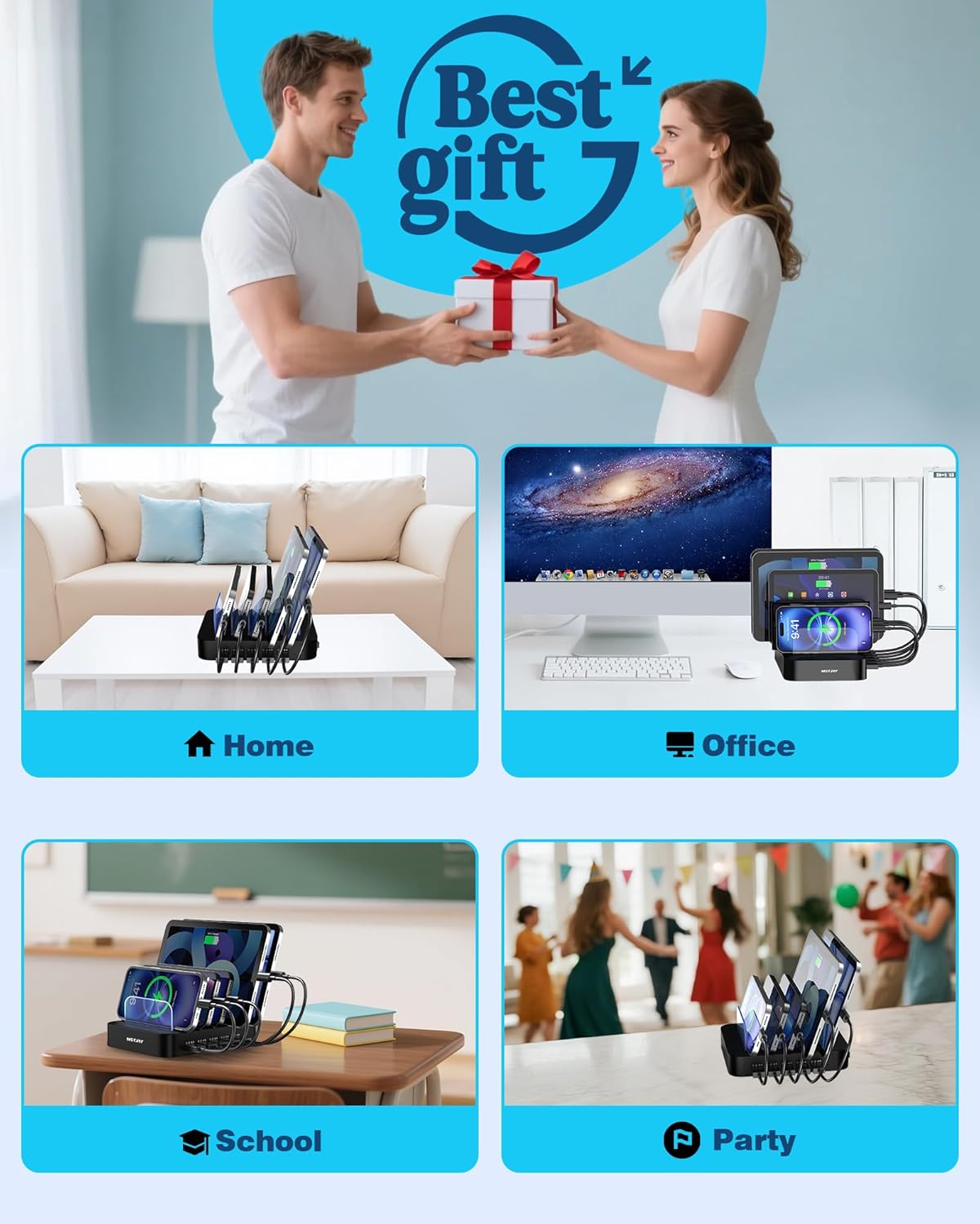 MSTJRY Charging Station for Multiple Devices : 5 Port Multi USB-A Charger Stations Multi-Device Organizer Charging Dock Designed for iPhone iPad Cell Phone Tablets (7 Short Cables Included), Black