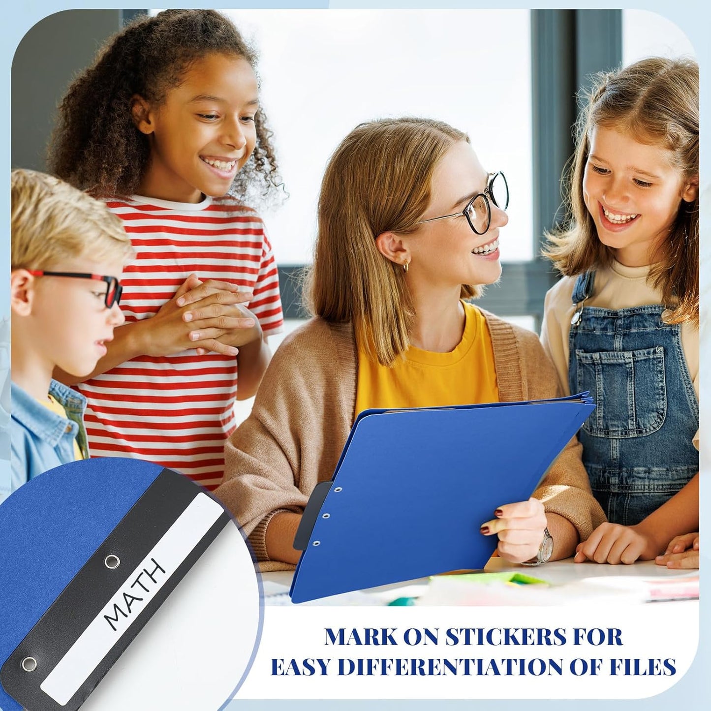 Henoyso 12 Pcs Classification Folders with Prongs, 2 Dividers, 1/3-cut Flat Tab, 3 Inch Expansion, 60 Stickers, Letter Size Blue File Folder with Fasteners for Medical Law Files Office Reports