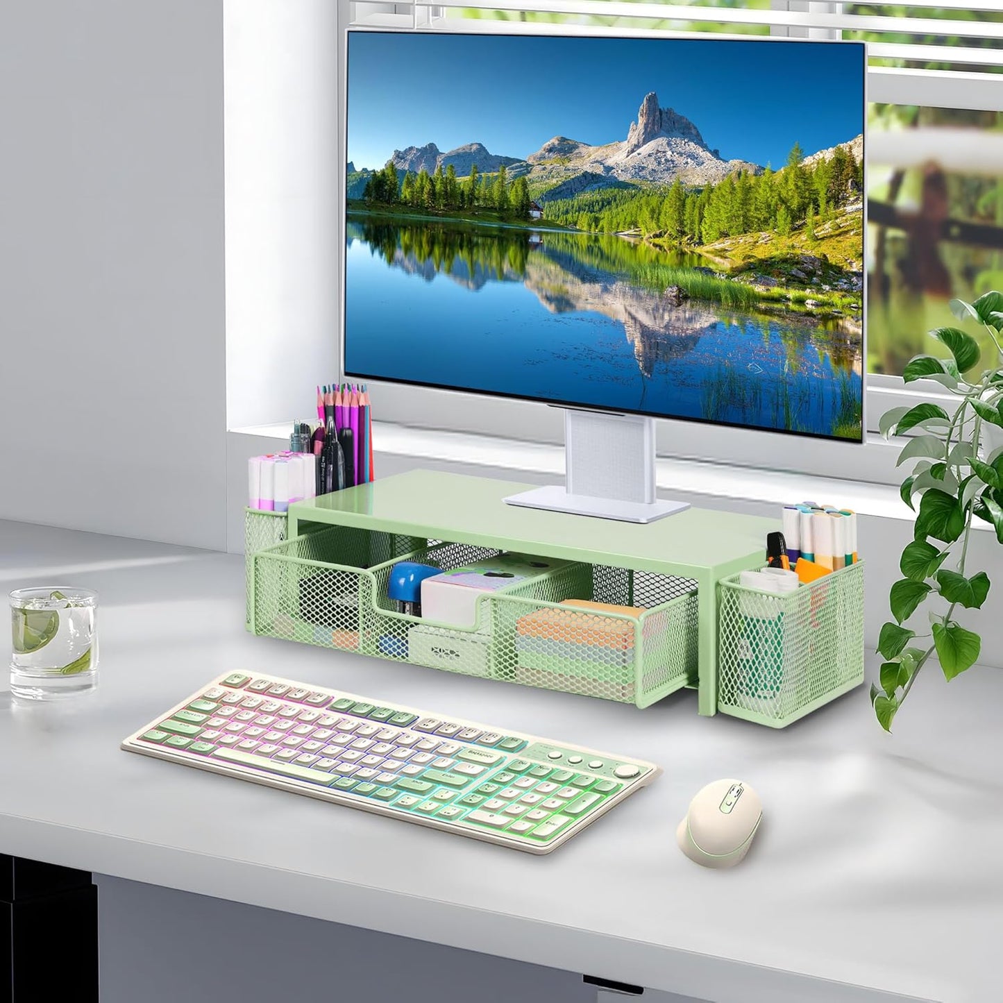 Computer Monitor Stand Riser with Drawer and Pen Holders, Desk Organizer Shelf and Accessories, Office Desk Accessories, Office Organization, Green
