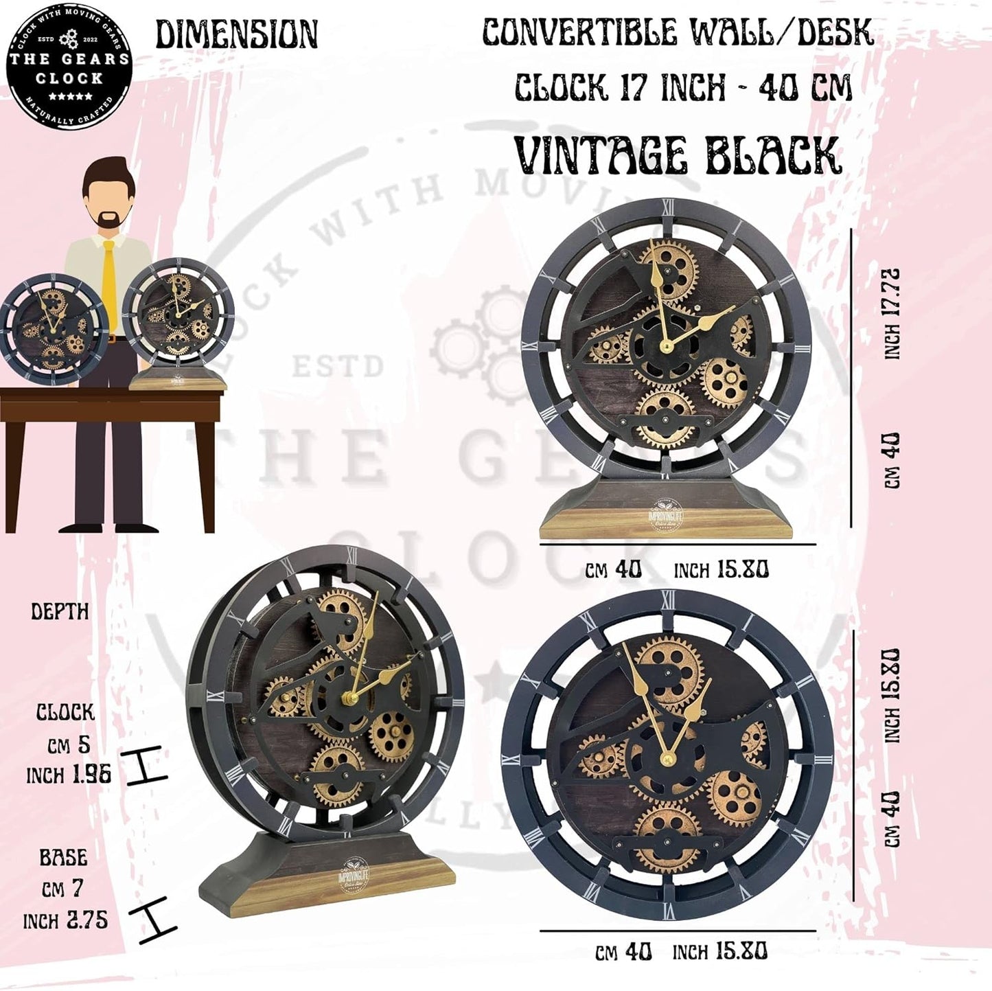The Gears Clock 16 inches Wall Clock with Real Moving Gears Convertible into a Big Mantel Clock (Vintage Black)