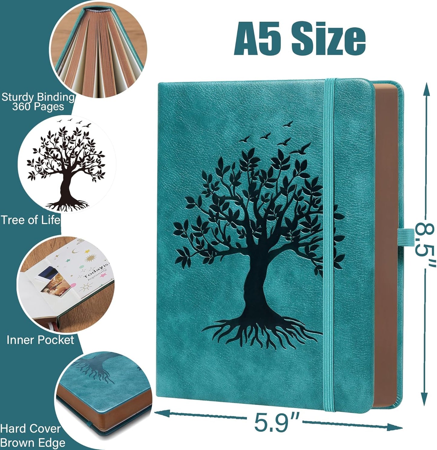 ZXHQ A5 360 Pages Lined Journal for Women, Tree of Life Design, with Pen, Fine Inner Pocket, Seagreen