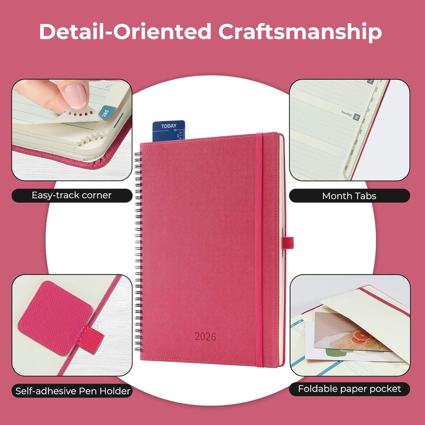 IN-LUXPRO Planner 2026 Daily Weekly and Monthly,11.5"x8.5",12 Months Spiral Bound Calendar Agenda with Self-adhesive Pen Holder,2026 Appointment Book with Vegan Leather Soft Cover,Rose Red