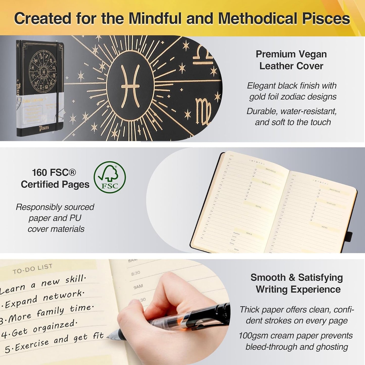 Pisces Zodiac Astrology Undated Monthly Weekly Daily Planner Journal Notebook Hardcover A5 5.7" x 8.3" 160 Pages 100GSM Paper 2025 2026 2027 Holidays Calendar