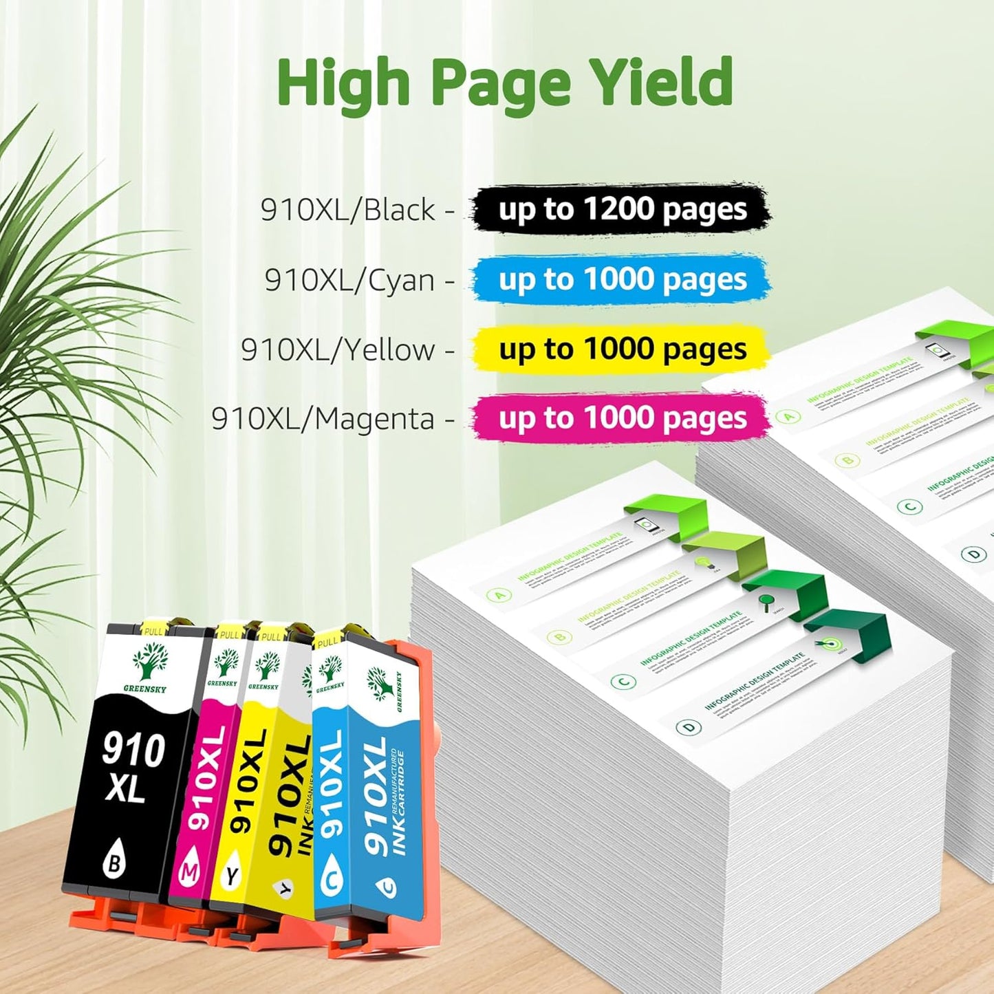 GREENSKY Remanufactured 910XL Ink Cartridges Replacement for HP 910xl Ink Cartridges Combo Pack with HP OfficeJet Pro 8025e 8015e 8028e 8035e 8025 8035 8020 Printer (Black, Cyan, Magenta, Yellow)
