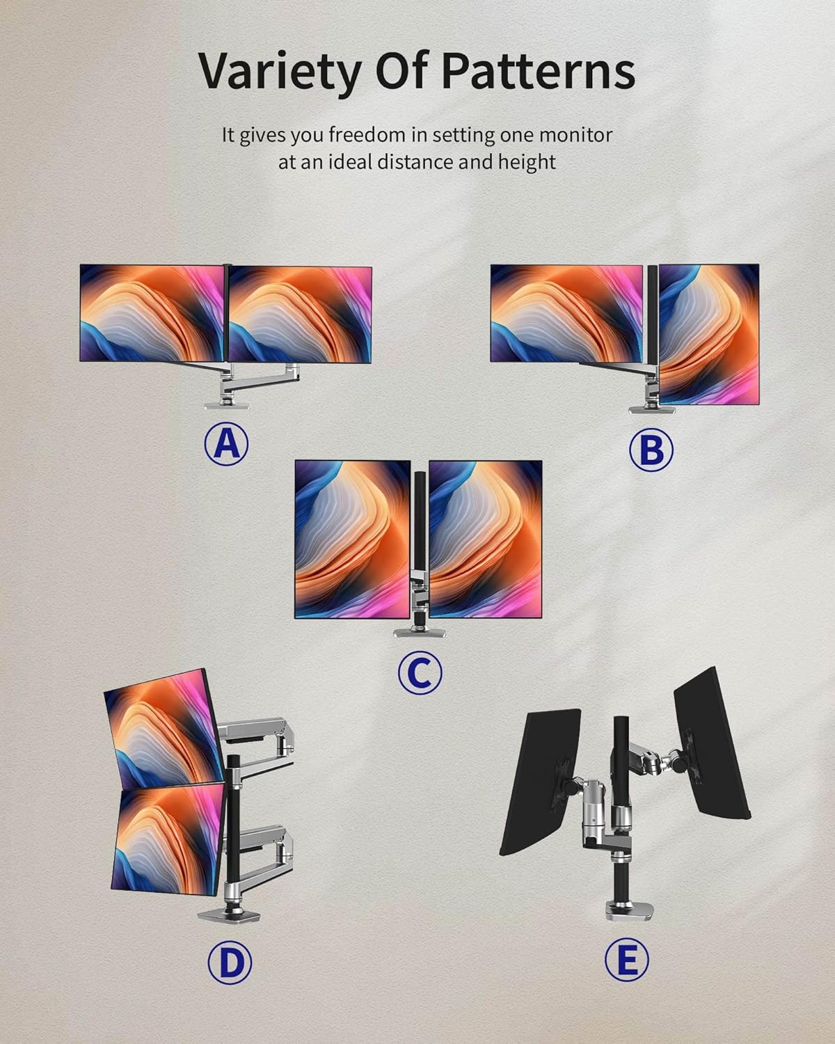 Dual Monitor Mount, Holds Screens up to 40 Inches and 25 lbs, Fully Adjustable Dual Monitor Arm with C-Clamp and Grommet Base, Aluminum, Silver