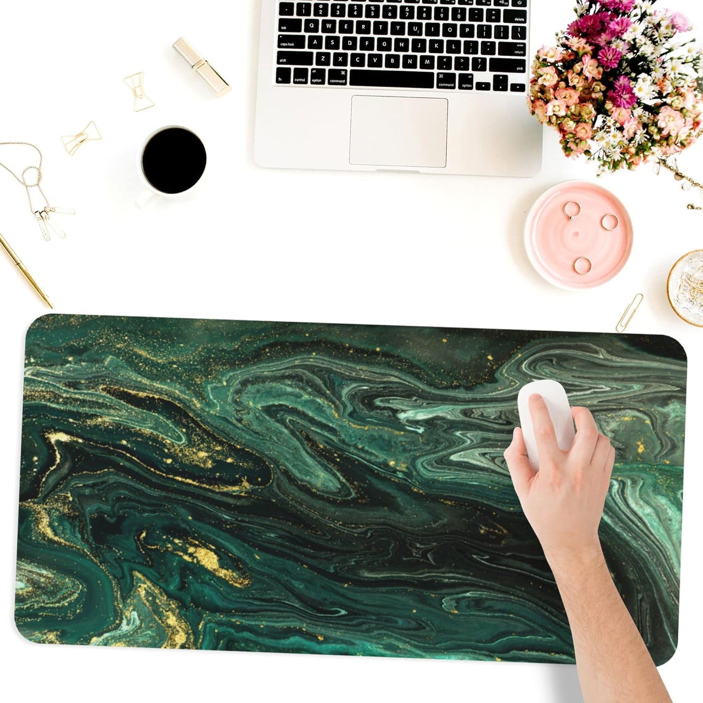 Desk Mat,Green Gold Liquid Marble Extended Gaming Mouse Pad for Office Work & Game,Computer Keyboard Mouse Mat Desk Non-Slip Rubber Base Large Mousepad with Stitched Edges, 31.5x15.7inch