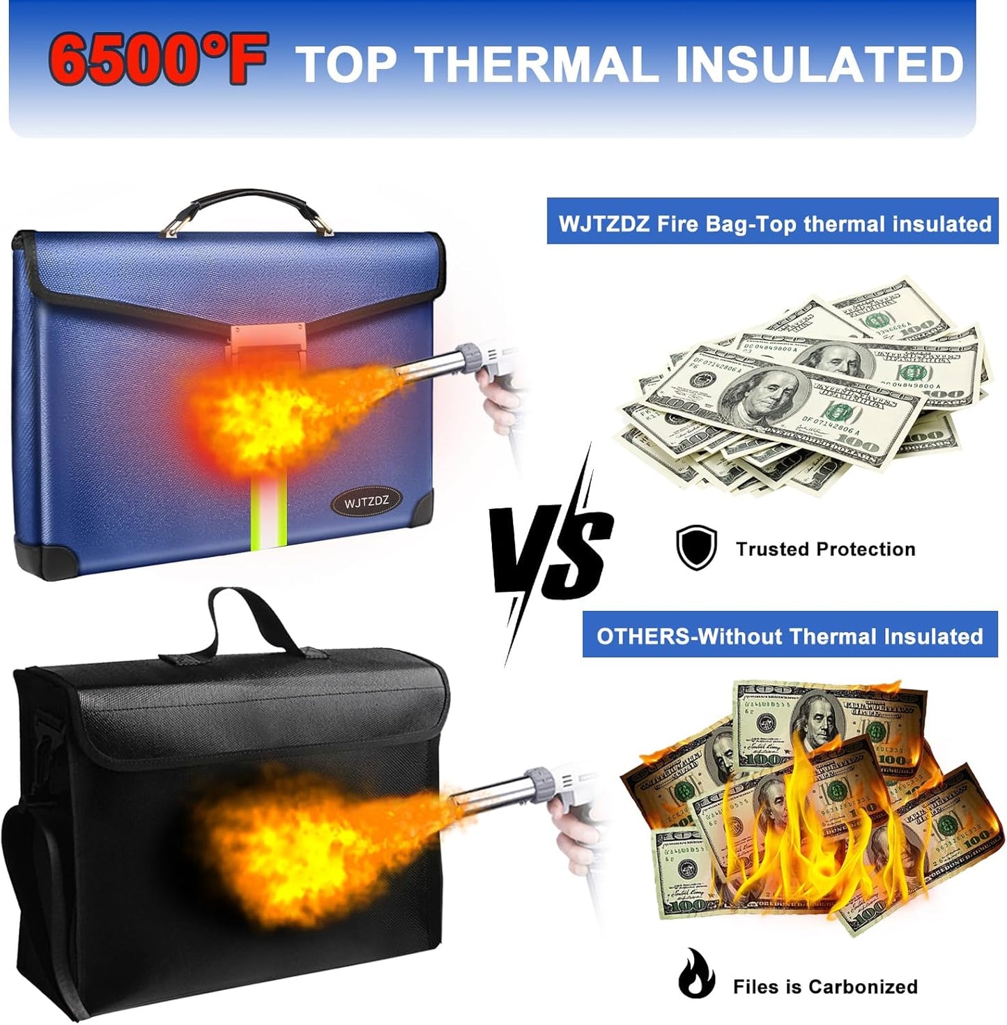 Large Capacity Upgraded Fireproof Money Bag with Lock 6500°F,10 Layers of Heat Insulated Materials with Waterproof Zipper/Reflective Strip with Handle for Cash/Important Documents