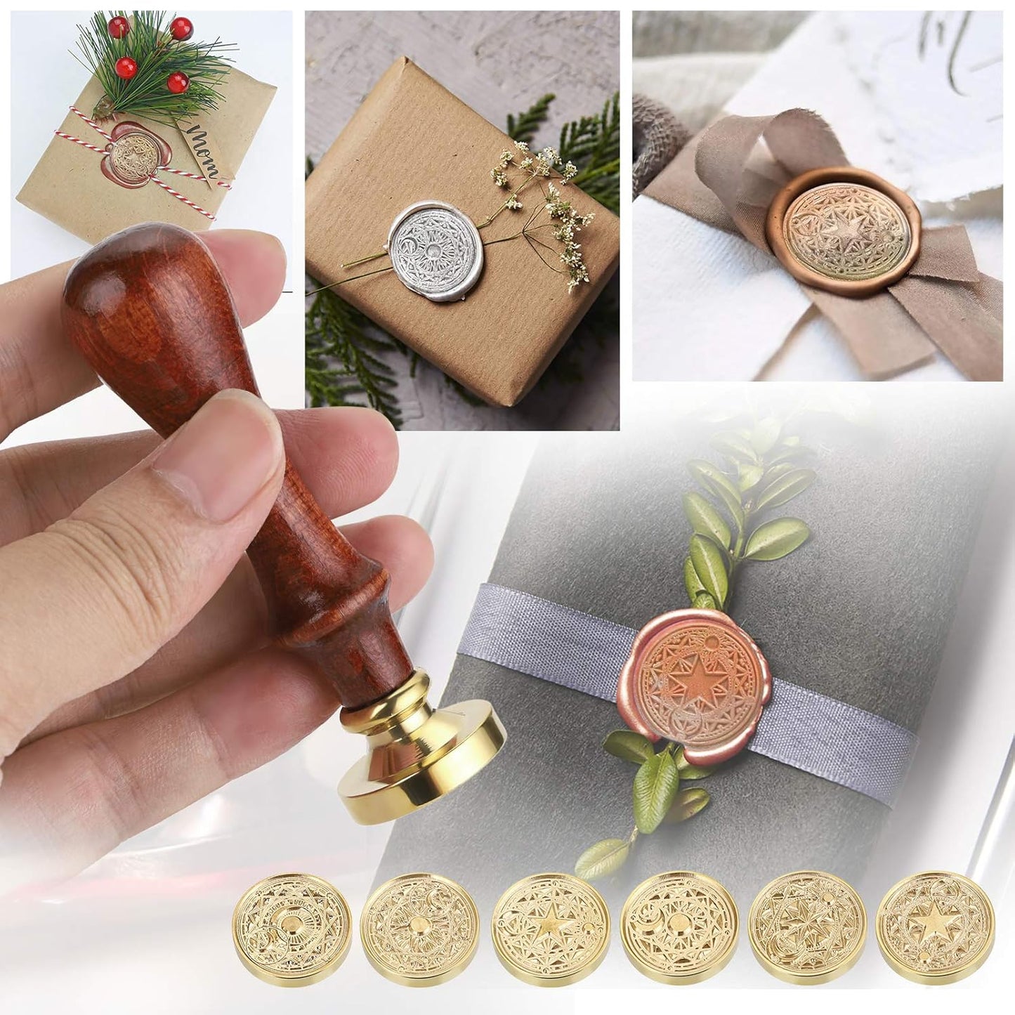 OwnMy 6 PCS Wax Seal Stamp Set with Magic Symbols Wax Stamp Heads and Wooden Handle, Vintage Retro Classical Wax Sealing Stamp Crafts Wax Seal Stamp Kit with Gift Box for Invitation Envelopes Letters