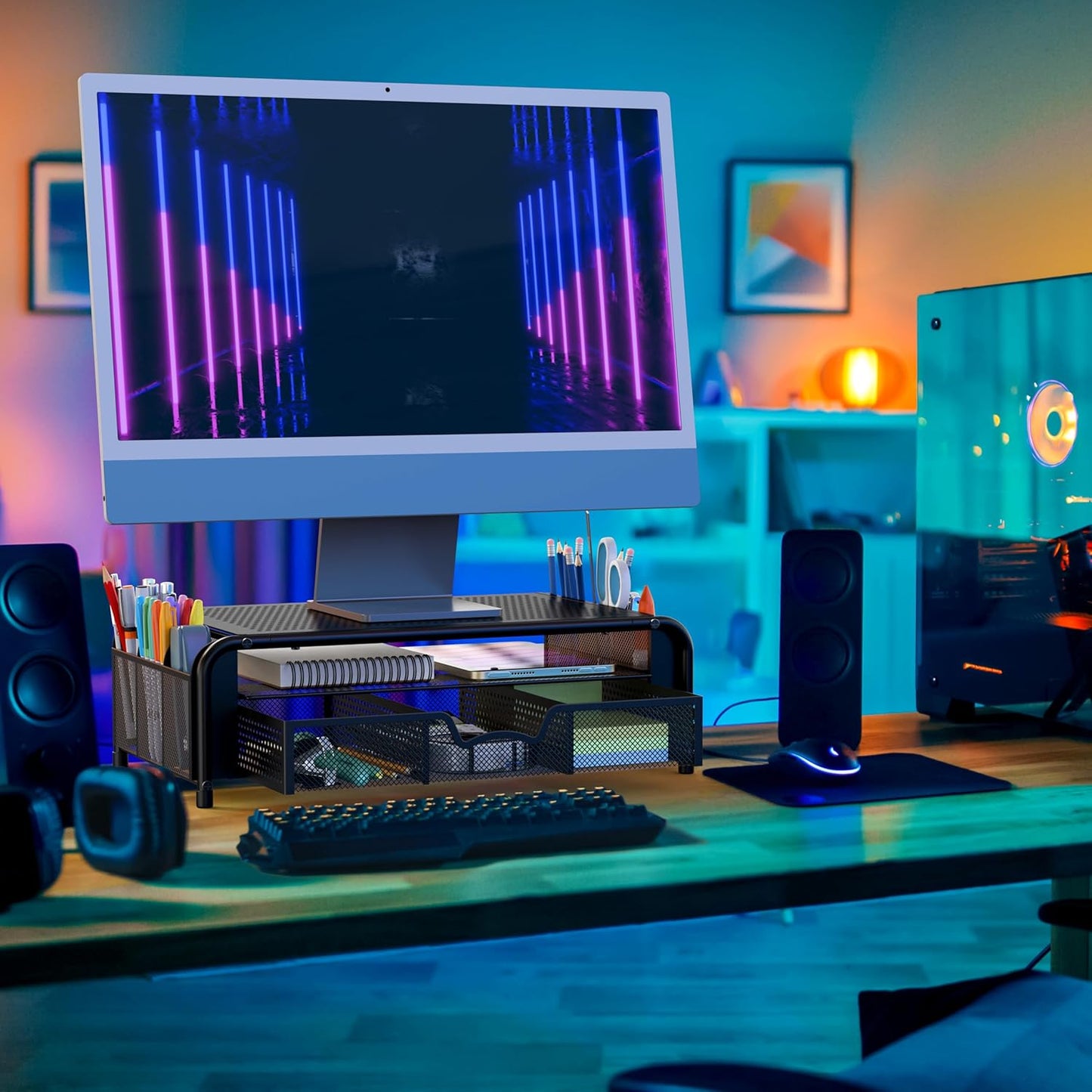 Simple Houseware Monitor Riser Stand with Pull-Out Drawer and Pen Holders, Black