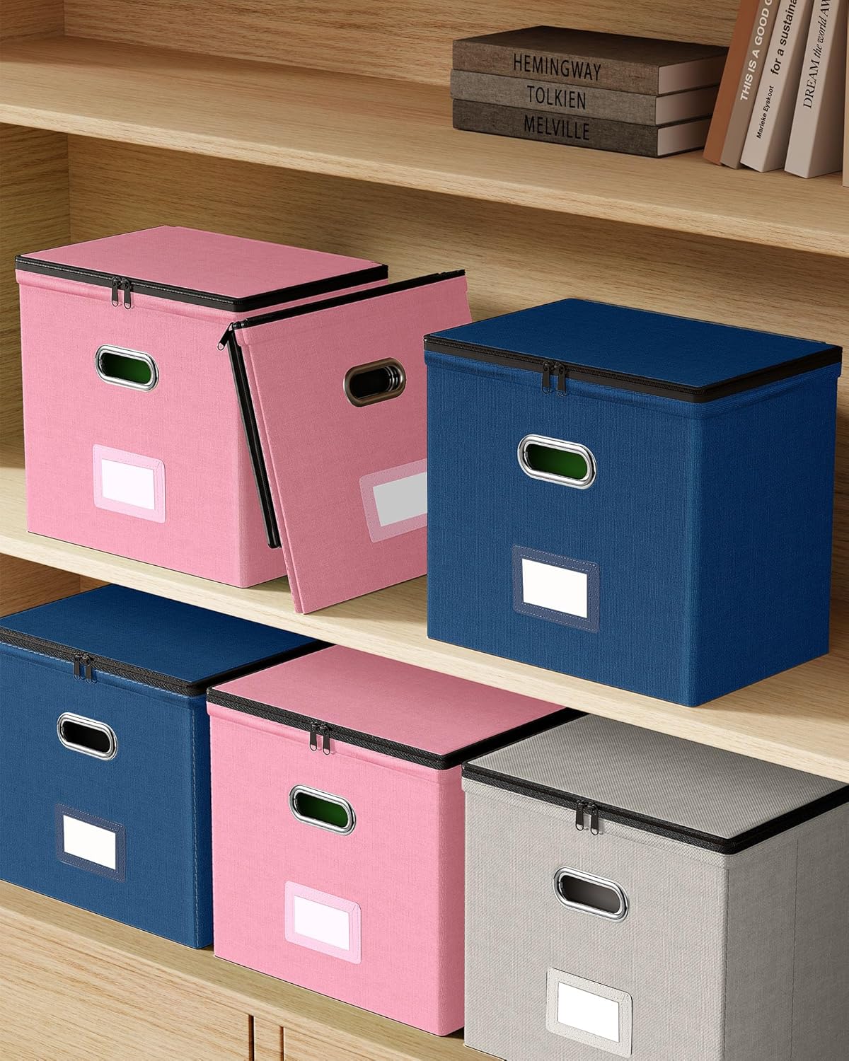 Oterri File Organizer Boxes with Lids, File Box with Mesh Pockets, Document Organizer Box for Letter Size Folders, Zippers Important Document Organizer (Beige, Small-2 Pack Without Folders)