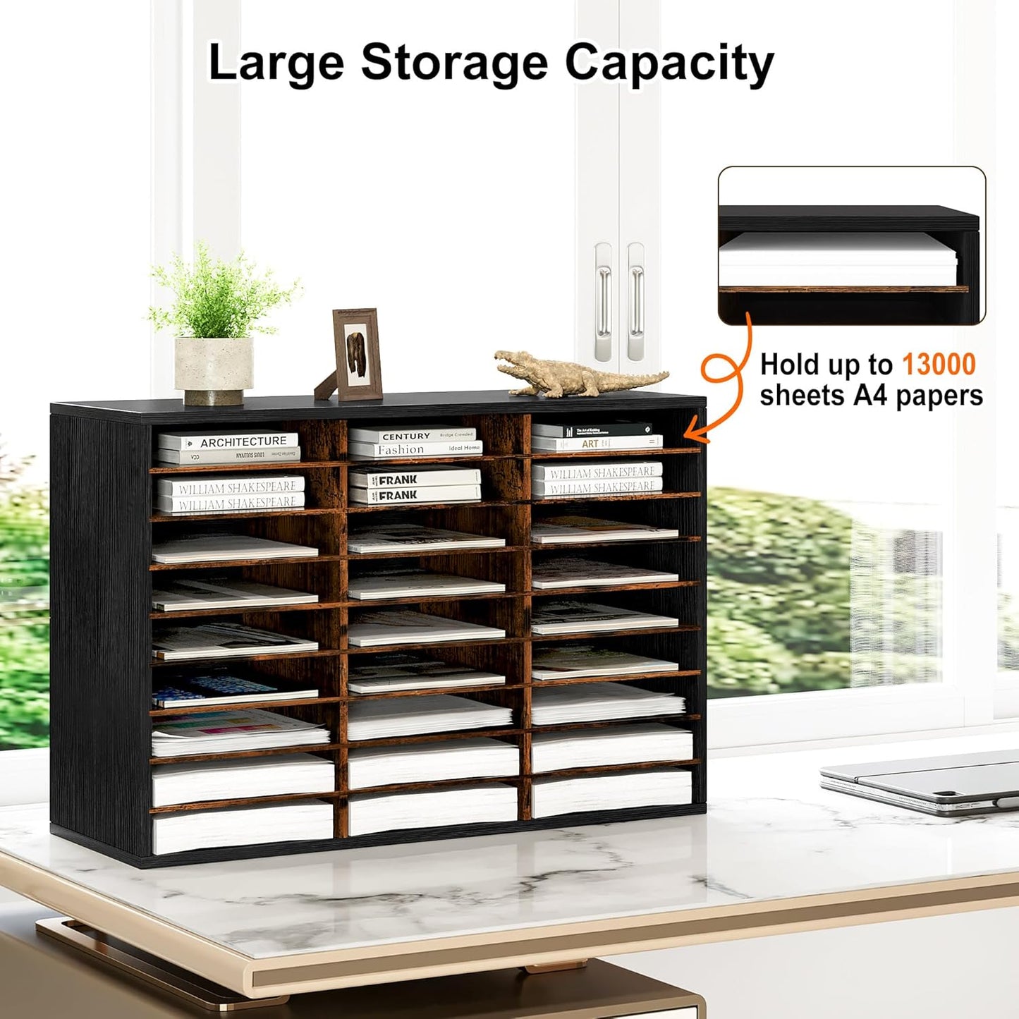 Mail Organizer Countertop, 27 Slots Wooden Desk File Literature Sorter, Adjustable Paper Storage Shelves Document Holder, Space Saving Desktop Mailbox for Office Classroom, Black/Rustic Brown