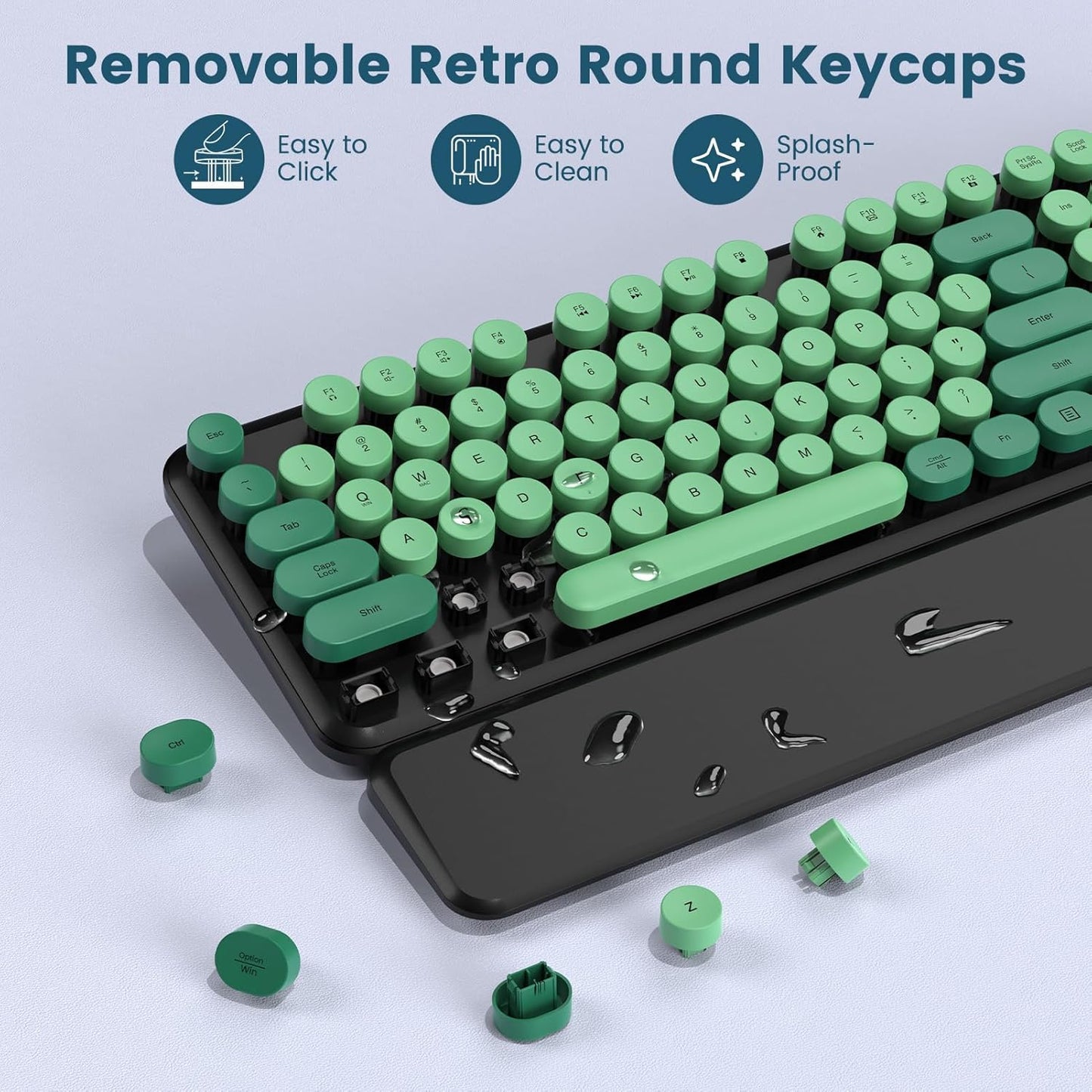 Wireless Keyboard and Mouse Combo-Round Keycaps, Full-Size Retro Typewriter Keyboard with Detachable Wrist Rest, Sleep Mode & Tilt Legs, 2.4GHz Cordless Connection for Mac/Windows/PC (Black & Green)