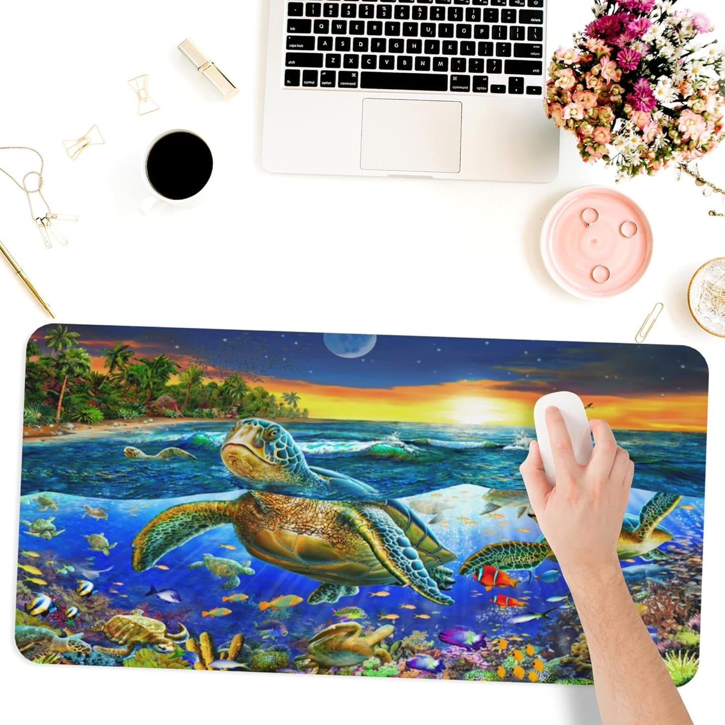 Desk Mat,Sea Turtle Extended Gaming Mouse Pad for Office Work & Game,Computer Keyboard Mouse Mat Desk Non-Slip Rubber Base Large Mousepad with Stitched Edges, 31.5x15.7inch