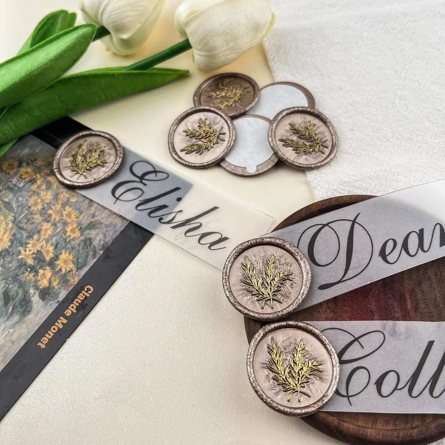 50Pcs Gold & Champagne Gold Wax Seal Stickers Handmade Envelope Seals Self Adhesive Wax Stickers for Wedding Party Invitations, Envelope, Gift Wrap, Christmas(Gold Rosemary Style, Champagne Gold Wax)