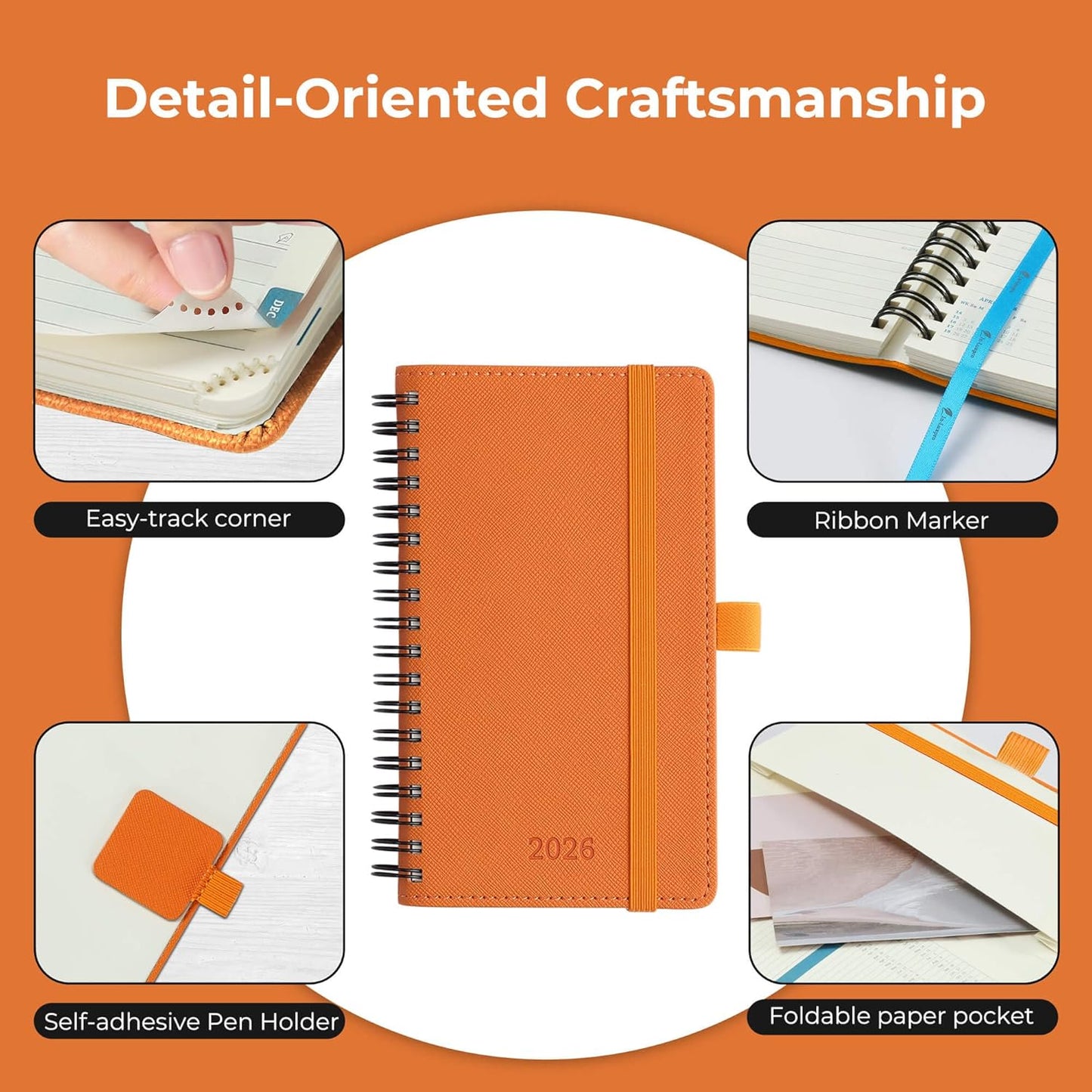 Planner 2026 Daily Weekly and Monthly,6.5"x3.75",12 Months Spiral Bound Calendar Agenda with Self-adhesive Pen Holder,2026 Appointment Book with Vegan Leather Soft Cover,Orange