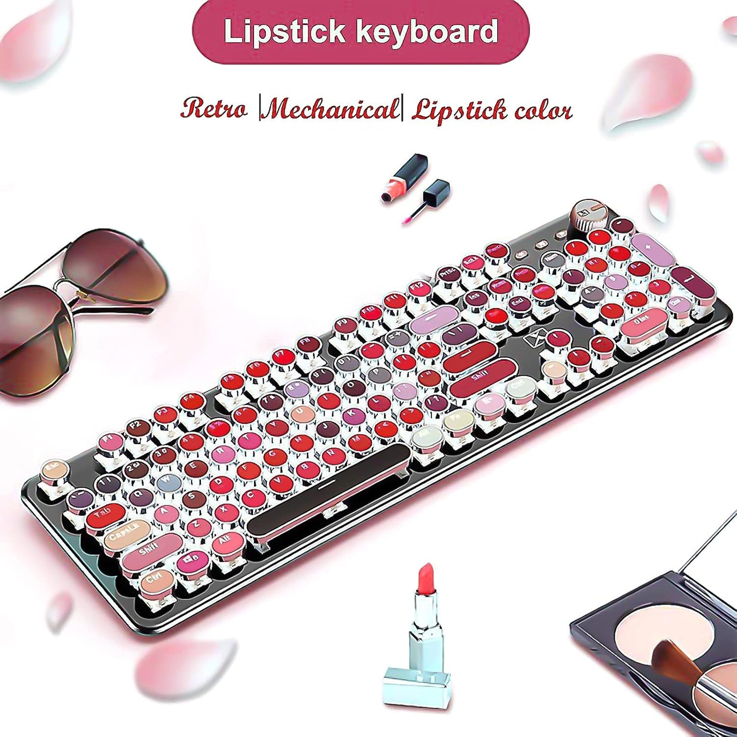 Basaltech Typewriter Style with White LED Backlight,Vintage Mechanical Gaming Keyboards with Lipstick Round Keycaps, Blue Switches 104-Keys Wired Keyboard Metal Panel for Laptop/pc
