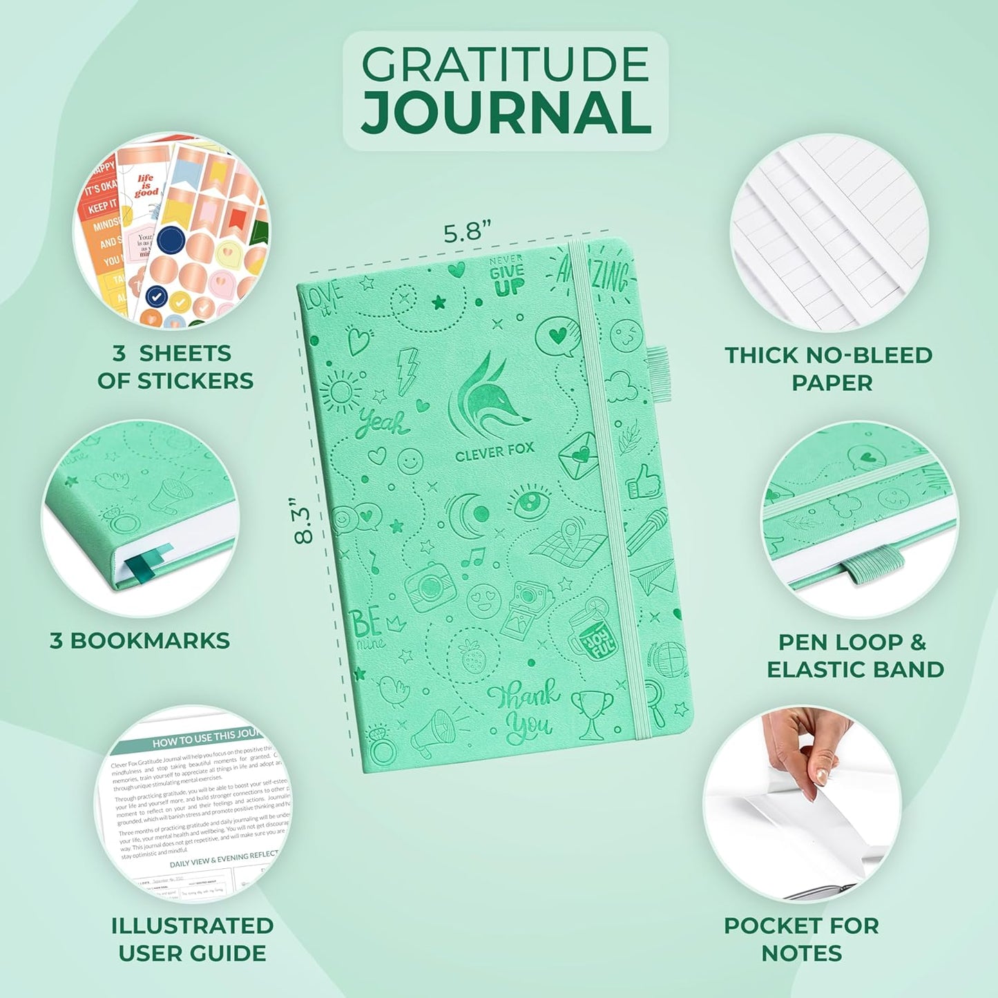 Clever Fox Gratitude Journal – Happiness, Positivity & Affirmation Daily Journal – Inspirational Daily Notebook – 3 Months, A5 (Mint)