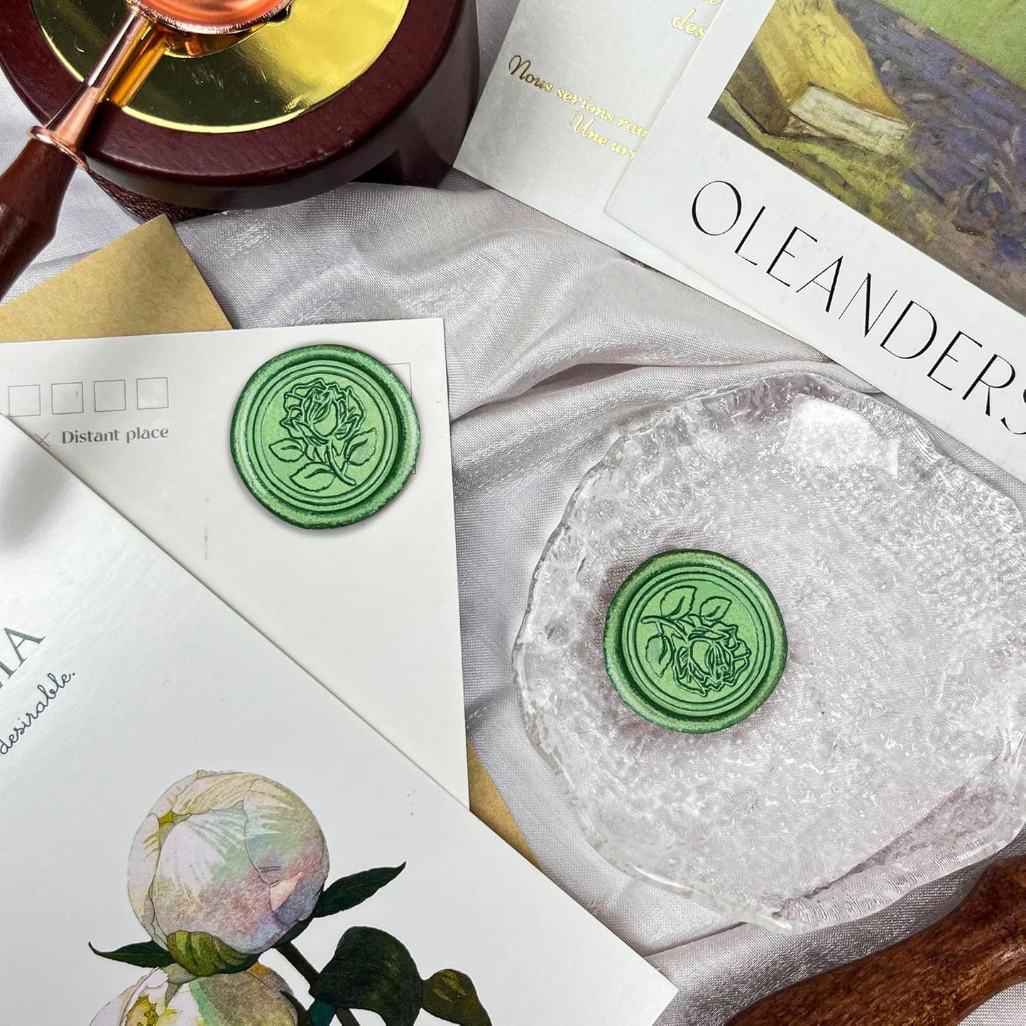 25Pcs Wax Seal Stickers Handmade Envelope Seals Self Adhesive Wax Stickers for Wedding Party Invitations, Envelope, Gift Wrap, Christmas(Rose Style, Green)