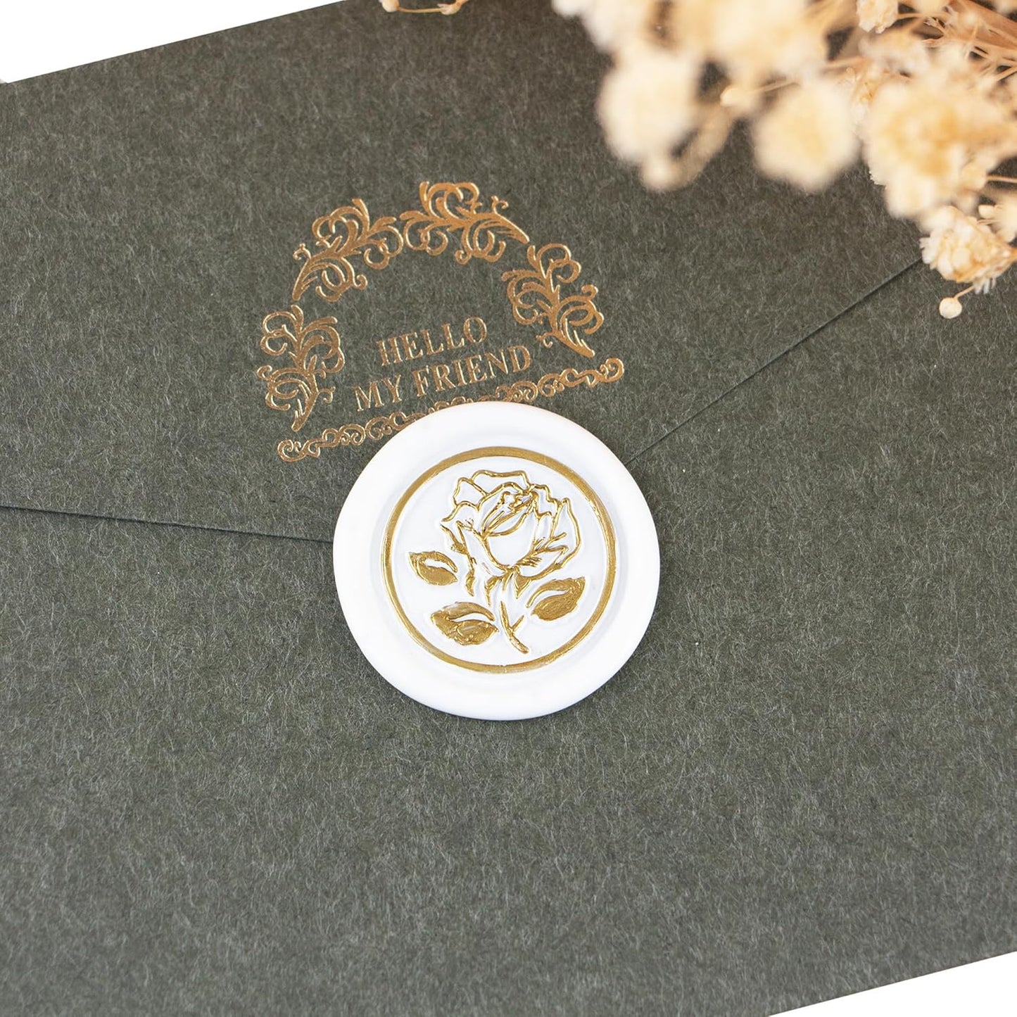 50Pcs Gold & White Wax Seal Stickers Handmade Envelope Seals Self Adhesive Wax Stickers for Wedding Party Invitations, Envelope, Gift Wrap, Christmas(Gold Rose Style, White Wax)