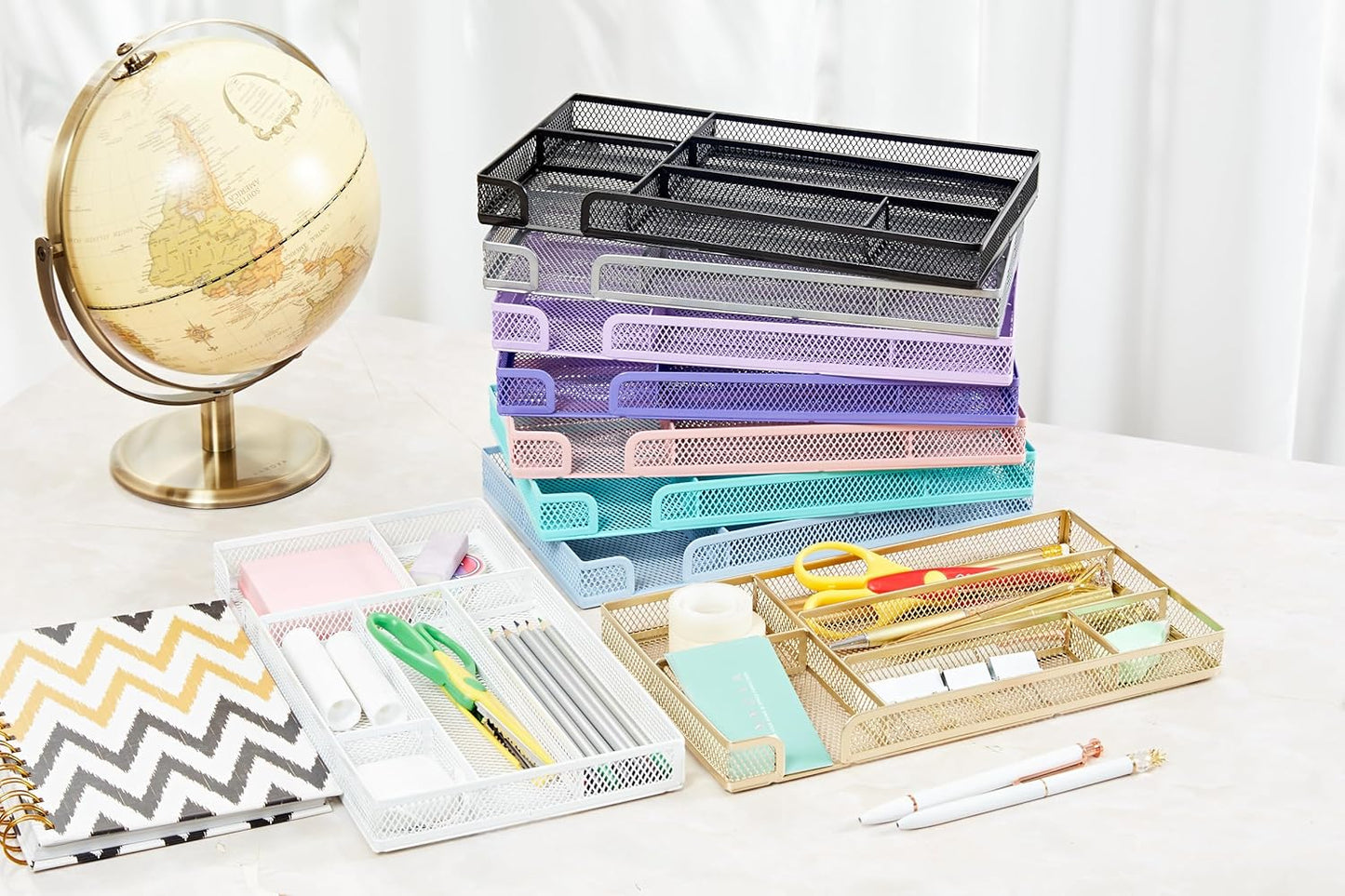 Annova Desk Drawer Organizer Tray for Office Organization - Metal Mesh - Storage Tray with Dividers for Pens, Desktop Accessories, Bathroom, Kitchen, Makeup and Office Supplies (Small, Purple)