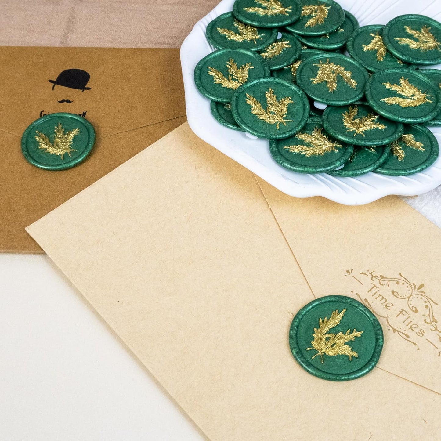 25Pcs Gold & Green Wax Seal Stickers - Handmade Envelope Seals, Self-Adhesive Wax Stickers for Wedding Party Invitations, Envelope, Gift Wrap, Christmas (Gold Rosemary Style, Green)