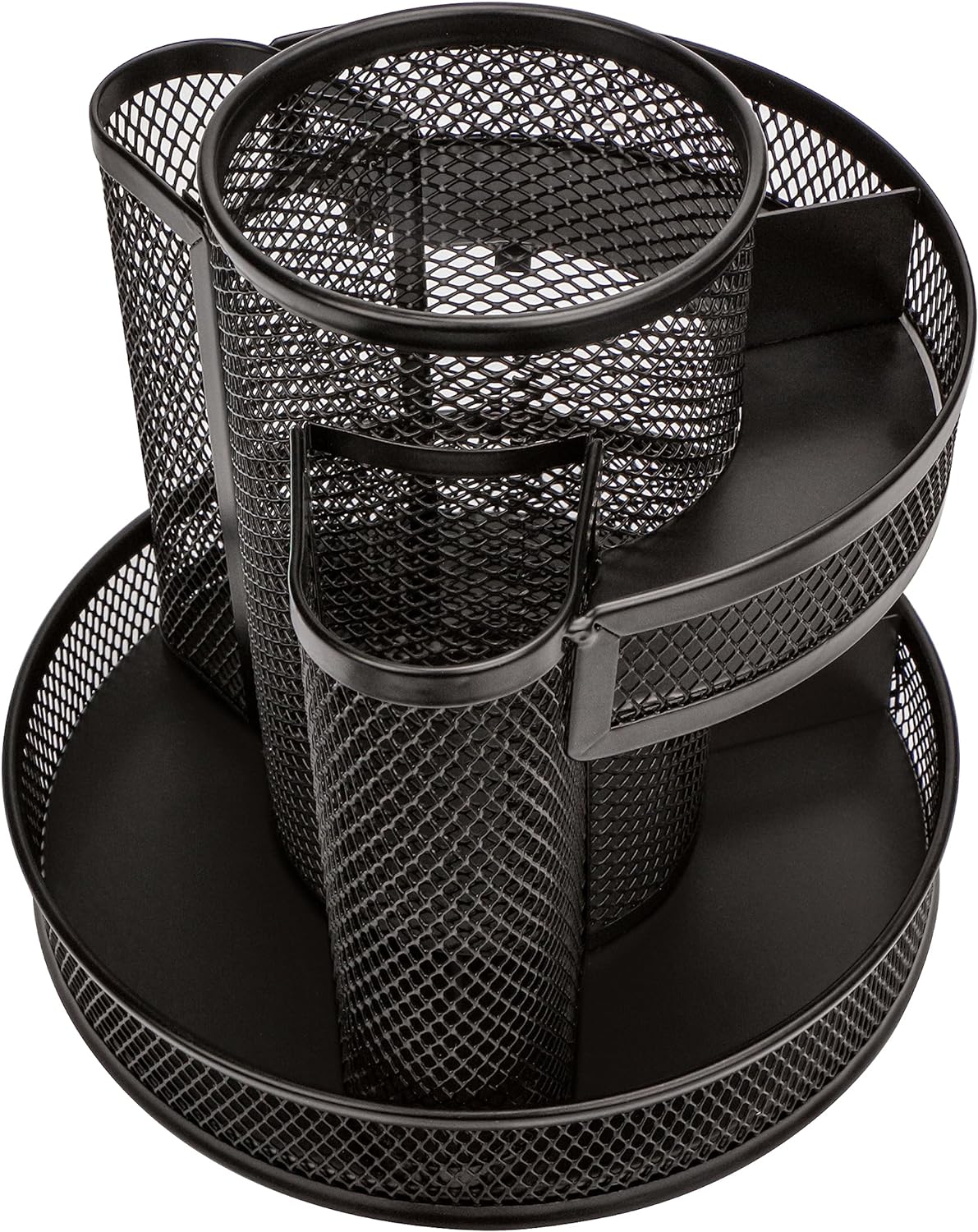 Annova Mesh Desk Organizer Rotate with 5 Compartments Round Spinning Tidy Candy/Pen Holder Desk Accessories Office, Art Supply, Storage, Classroom, Home (Black)
