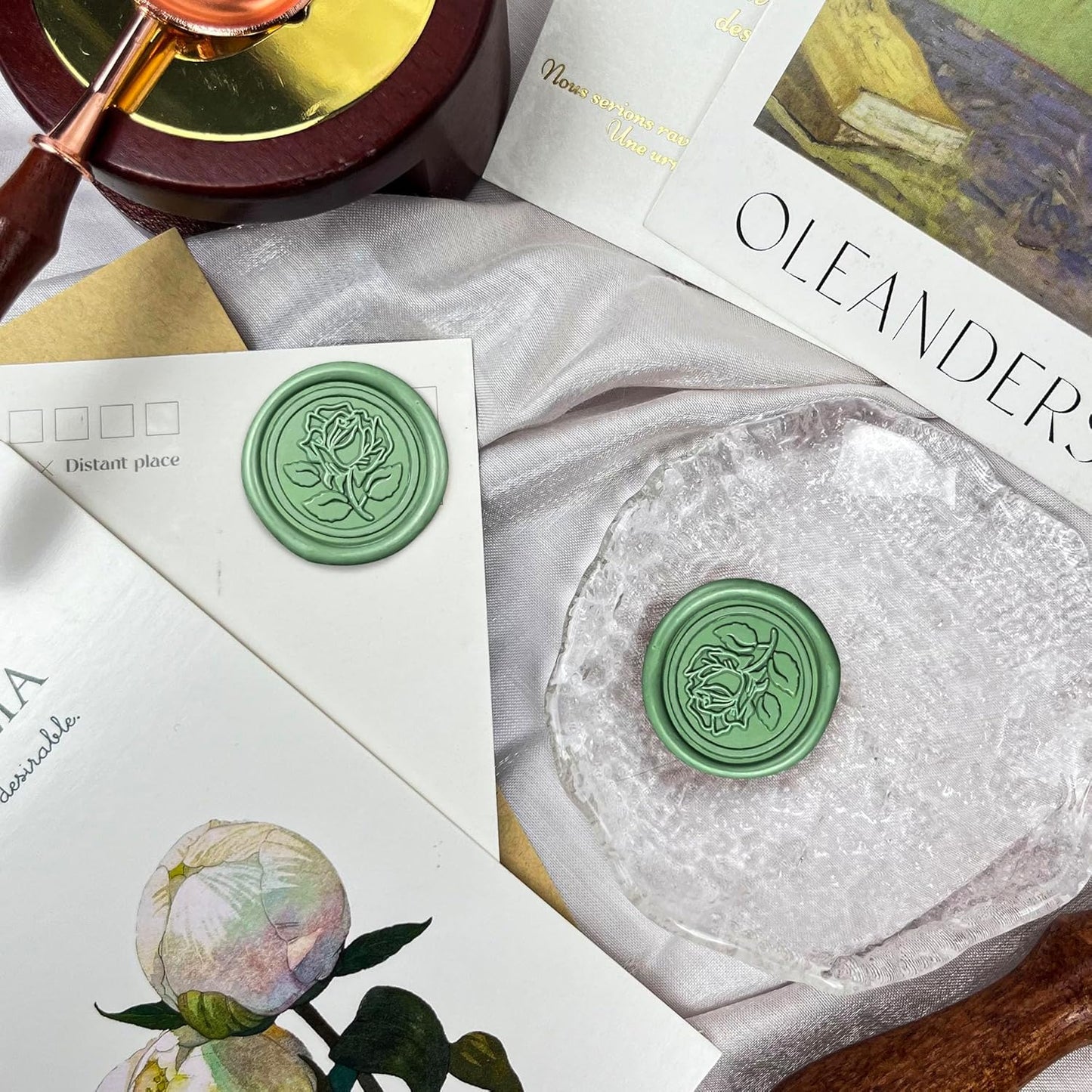100Pcs Wax Seal Stickers Handmade Envelope Seals Self Adhesive Wax Stickers for Wedding Party Invitations, Envelope, Gift Wrap, Christmas(Rose Style, Olive Green)
