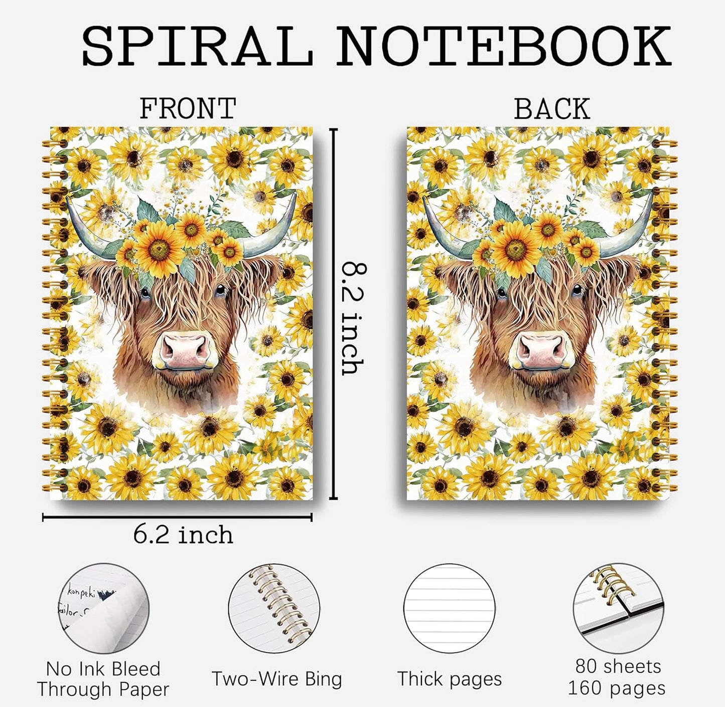 Highland Cow Notebook Journal - Sunflower Notebook, 5.5×8.3 Summer Sunflower Spiral Journal Notebook, Highland Cow Gifts, Cow Gifts for Women, 164 Pages