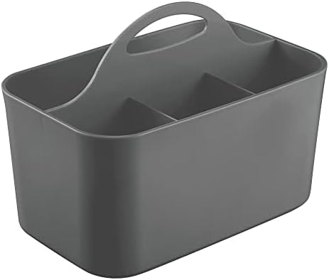 mDesign Plastic Small Office Storage Organizer Utility Tote Caddy with Handle for Cabinets, Desks, Workspaces - Hold Desktop Office Supplies, Pencils, Staplers Lumiere Collection, 2 Pack, Dark Gray