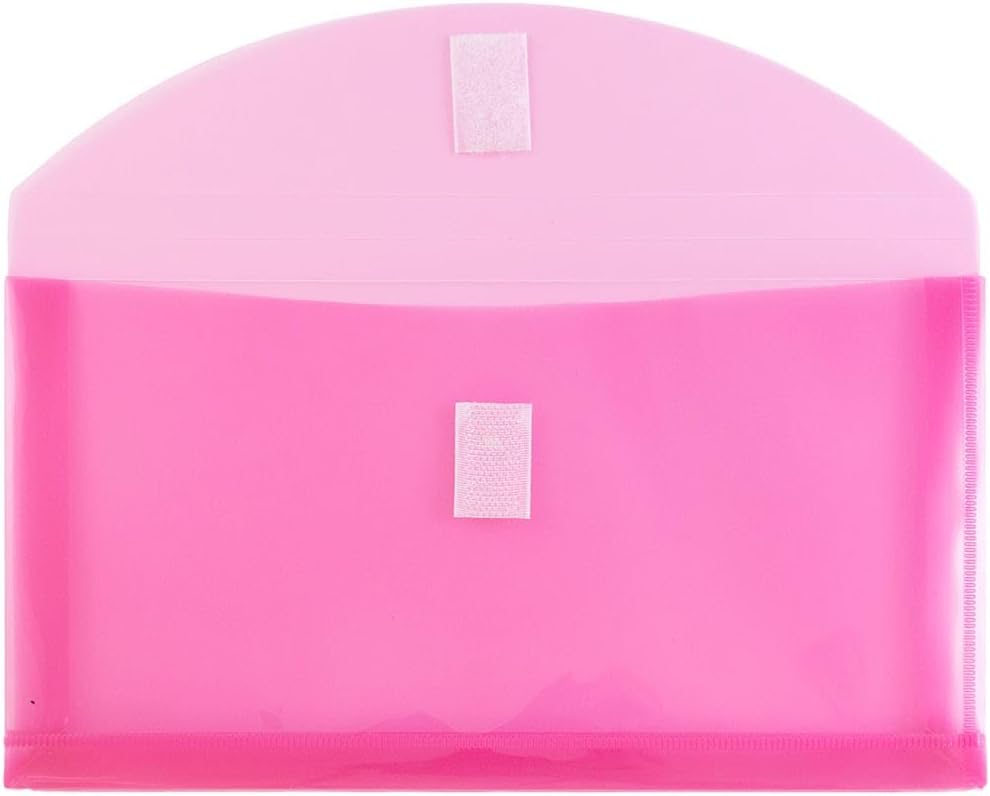 JAM PAPER Plastic Expansion Envelopes with Hook & Loop Closure - #10 Booklet Wallet - 5 1/4 x 10 with 1 Inch Expansion - Fuchsia Pink - 3/Pack