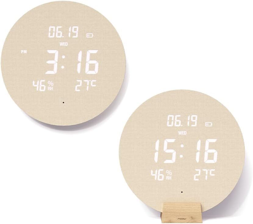 mooas Wood Moon Cordless Digital LED Wall Clock, Time Week Temperature & Humidity, Sound Sensor-Auto Brightness, Modern Décorative LED Clock for Bedroom Livingroom, Wireless Wall Mount/Wooden Stand