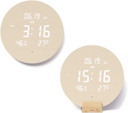 mooas Wood Moon Cordless Digital LED Wall Clock, Time Week Temperature & Humidity, Sound Sensor-Auto Brightness, Modern Décorative LED Clock for Bedroom Livingroom, Wireless Wall Mount/Wooden Stand