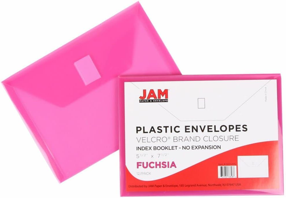 JAM PAPER Plastic Envelopes with Hook & Loop Closure - Index - 5 1/2 x 7 1/2 - Fuchsia Pink - 3/Pack