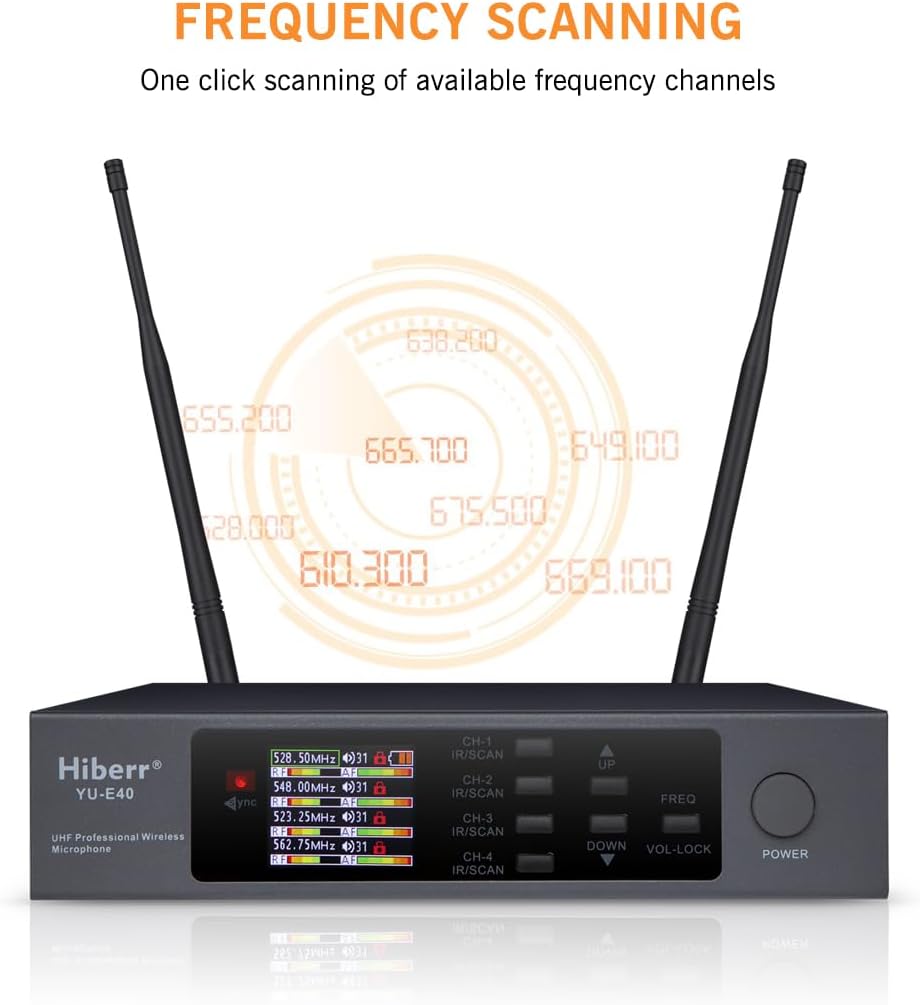 Wireless Microphone System, 4 Channels 4x50 Adjustable UHF Handheld Wireless Microphone Metal Shell for Church, Party, Singing, Speech YU-E40 Cordless Microphone