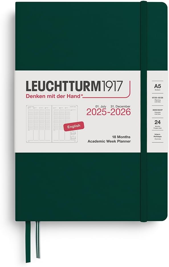 LEUCHTTURM1917 - Academic Week Planner Hardcover Medium (A5), 18-month, Jul. 2025 - Dec. 2026, English, Forest Green