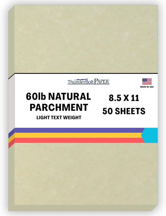 50 Natural Parchment 60# Text (=24# Bond) Paper Sheets - 8.5 X 11 Inches Standard Letter|Flyer Size - 60 Pound is Not Card Weight - Vintage Colored Old Parchment Semblance