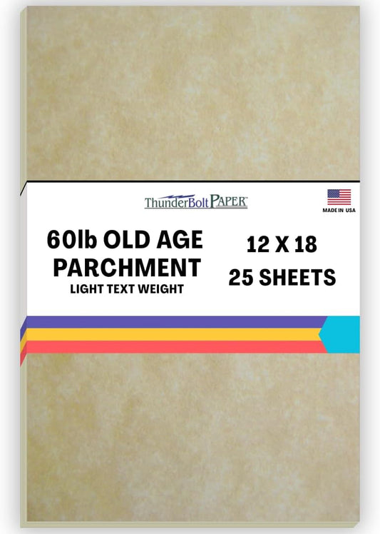 25 Old Age Parchment 60# Text (=24# Bond) Paper Sheets - 12 X 18 Inches Poster | Large Size - 60 Pound is Not Card Weight - Vintage Colored Old Parchment Semblance