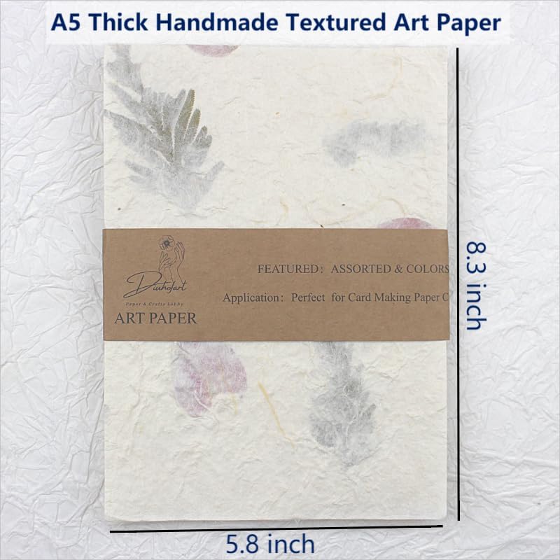 Textured Handmade Paper Sheets for Crafts, A5 Thick Rough Mulberry Recycled Scrapbook Papers for Card Making, Mixed Media, Embossed, DIY Junk Journals, Art Journaling Decorative Materials