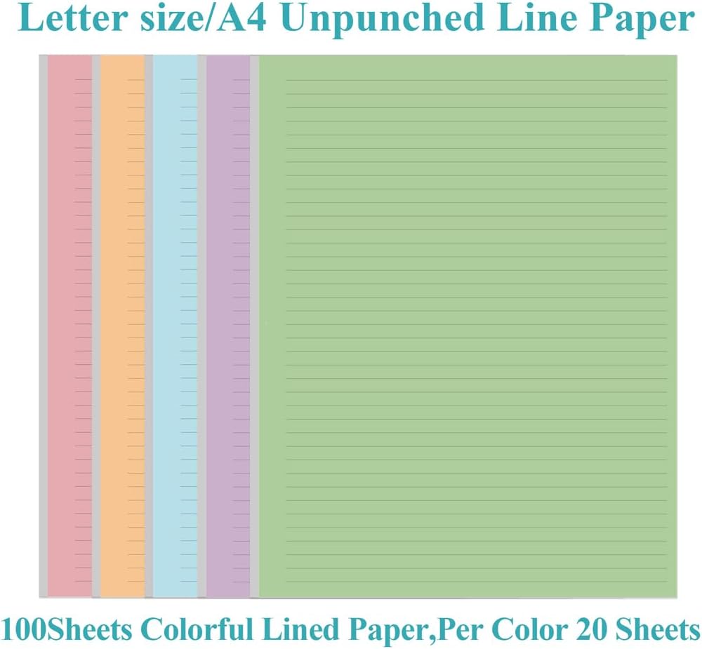 Unpunched Colorful Lined Paper - 100 Sheets/200 Pages Loose Leaf Paper Line Refills, Per Color 20 Sheets, 8.5" x 11"