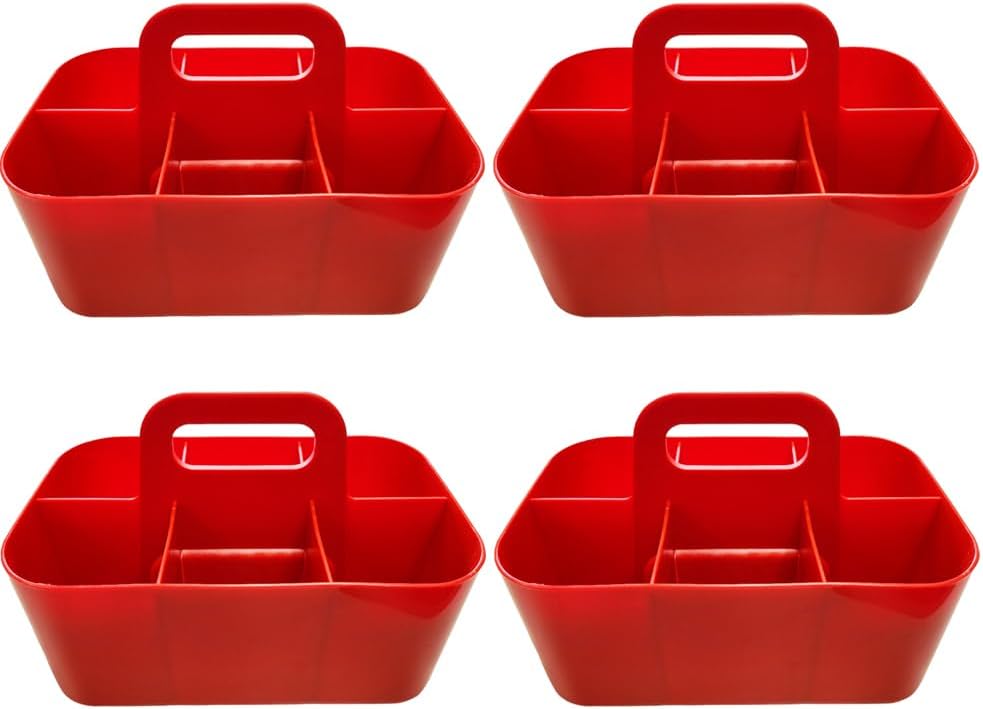 Small Stackable Plastic Caddy with Handle 6 Compartment | Desk, Makeup, Dorm Caddy, Classroom Art Organizers - 4 Pack, Made In USA (Red)
