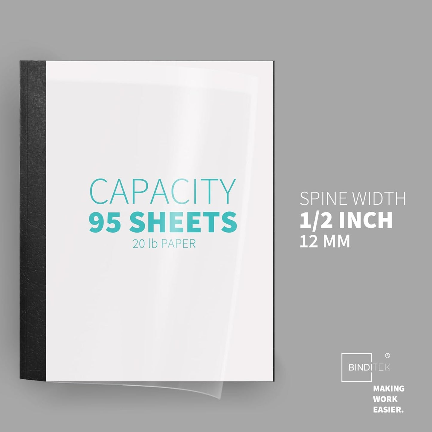 Binditek 10 Pack Thermal Binding Presentation Covers, 1/2 Inch Spine, Holds 95 Sheets, Ultra Clear Front Cover, Black Paper Back Cover, Letter Size, for Students and Coworkers