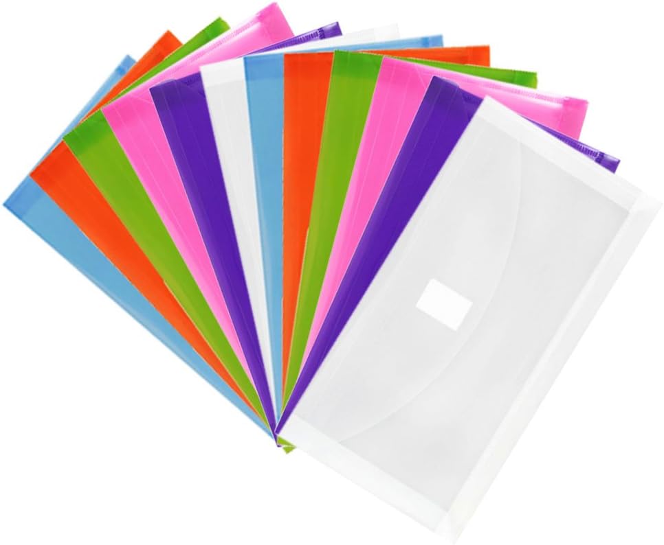 JAM PAPER Plastic Expansion Envelopes with Hook & Loop Closure - #10 Booklet Wallet - 5 1/4 x 10 with 1 Inch Expansion - Assorted Colors - 12/Pack