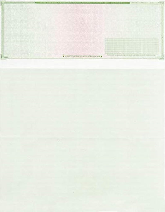 100 Blank Check Stock - Check on Top Mazed - Paper Weight # 70"High Security" Check Paper Green/Red Mazed