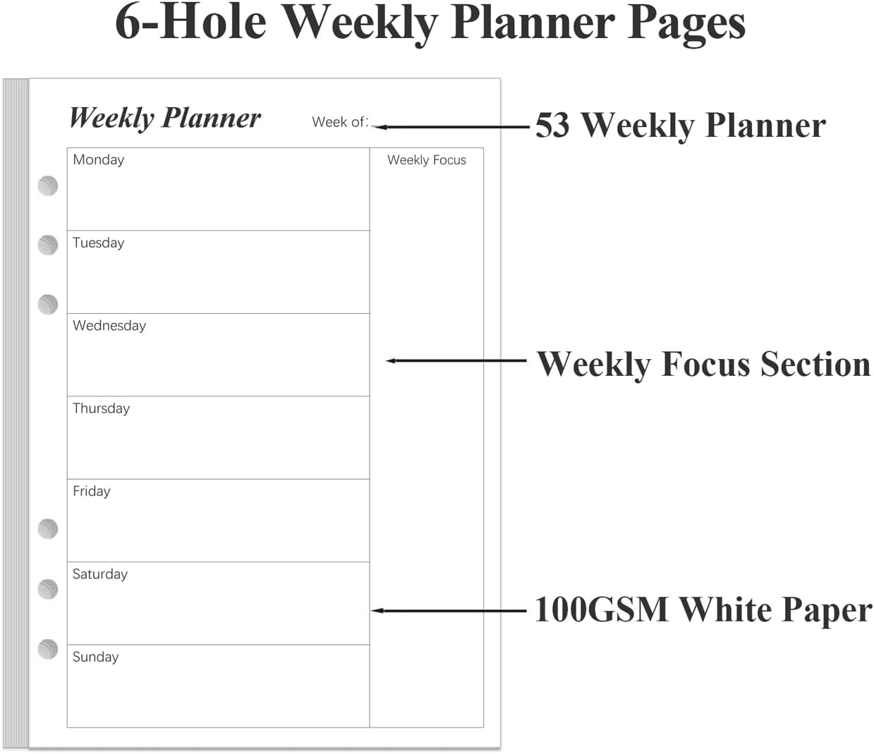 Weekly Planner Refills for A5 Binders - 53 Sheets/106 Pages Undated Weekly Planner, 6-Hole Punched, 100 gsm White Paper, Lasts 1 Year, Undated, 5.8" x 8.3", Black