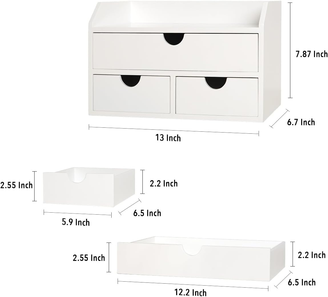 ROSE BLOOM White Wood Desk Organizer with 3 Drawer, Mini Cute Cabinet with Storage Shelf for Tabletop, Small Desktop Box Organizer for Cosmetic Office Supplies