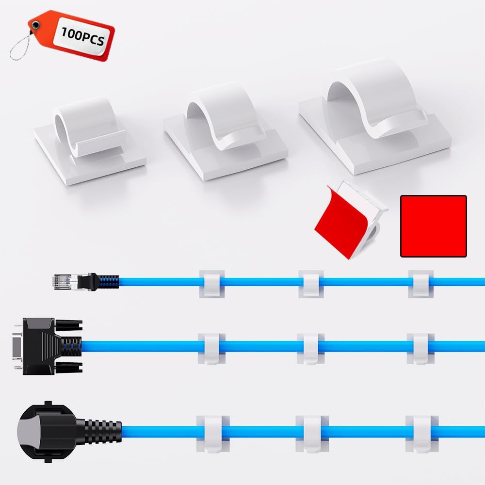 100 PCS White Adhesive Cable Clips Cord Organizer (Small, Medium,Large),Wire Holder for Cable Management, Outdoor Light Clips Light Hooks for LED String,Car Dash Cam, Extension Cord (White)