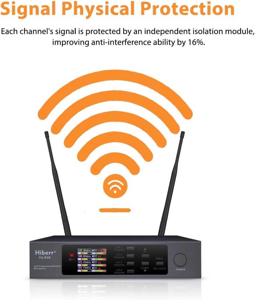 Wireless Microphone System, 4 Channels 4x50 Adjustable UHF Handheld Wireless Microphone Metal Shell for Church, Party, Singing, Speech YU-E40 Cordless Microphone