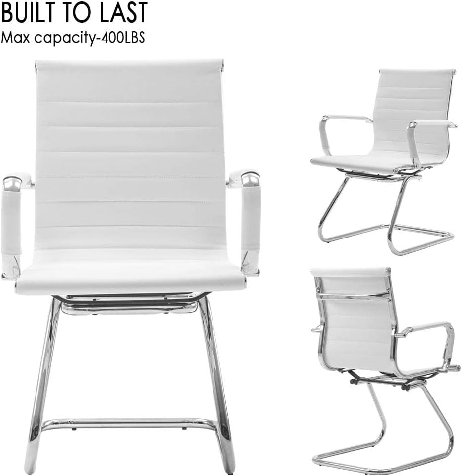 White Office Desk Chair No Wheels Set of 4 PU Leather Computer Chairs Mid Back Guest Chairs for School Reception Conference Waiting Room, White