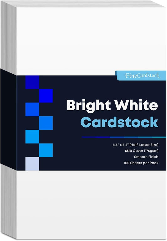 Half Letter Size Cardstock – Great for Business Documents, Letters, Arts, Prints and Crafts, Printing and Writing | 8.5” x 5.5” | Bright White 65lb Cover (176gsm) Card Stock | 100 Sheets per Pack