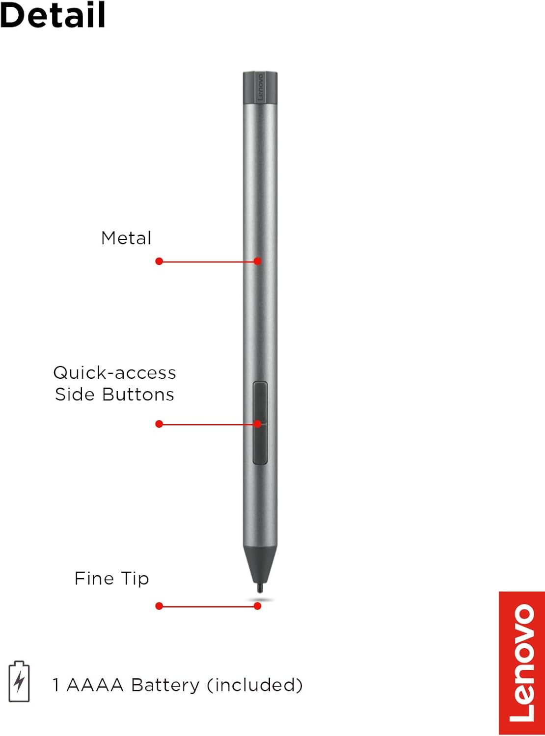 Lenovo Digital Pen 2 (Laptop) - Ultra-Tactile Response - 4,096 Levels of Pressure - Natural Feel Elastometer Pen Tip - Extended Battery Life - Silver, Grey